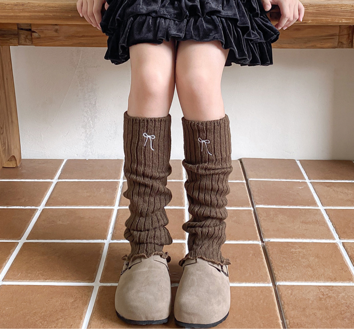 リボン刺繍入り ニットレッグウォーマー