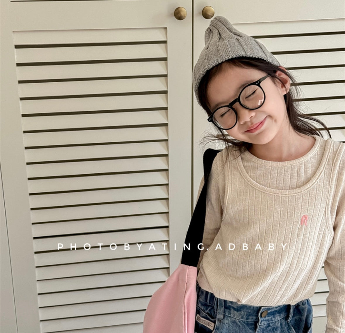 R刺繍入り リブカットソー 長袖トップス